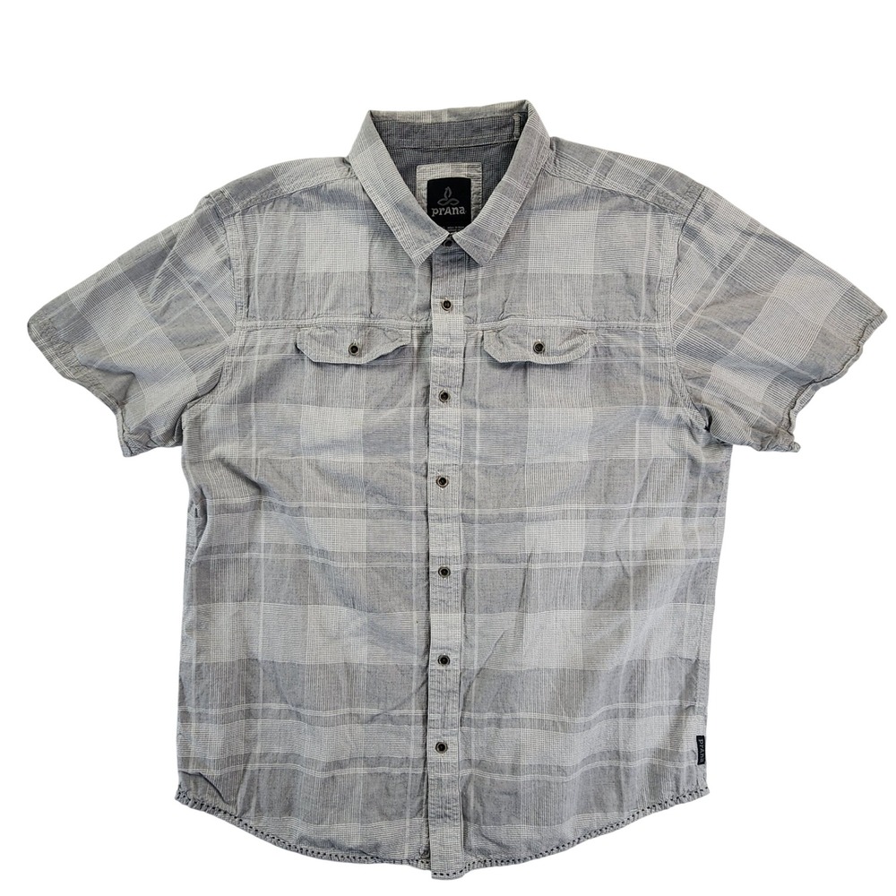 Prana Mens XL Gray Plaid Short Sleeve Button Down Shirt Hiking Outdoor Gorpcore